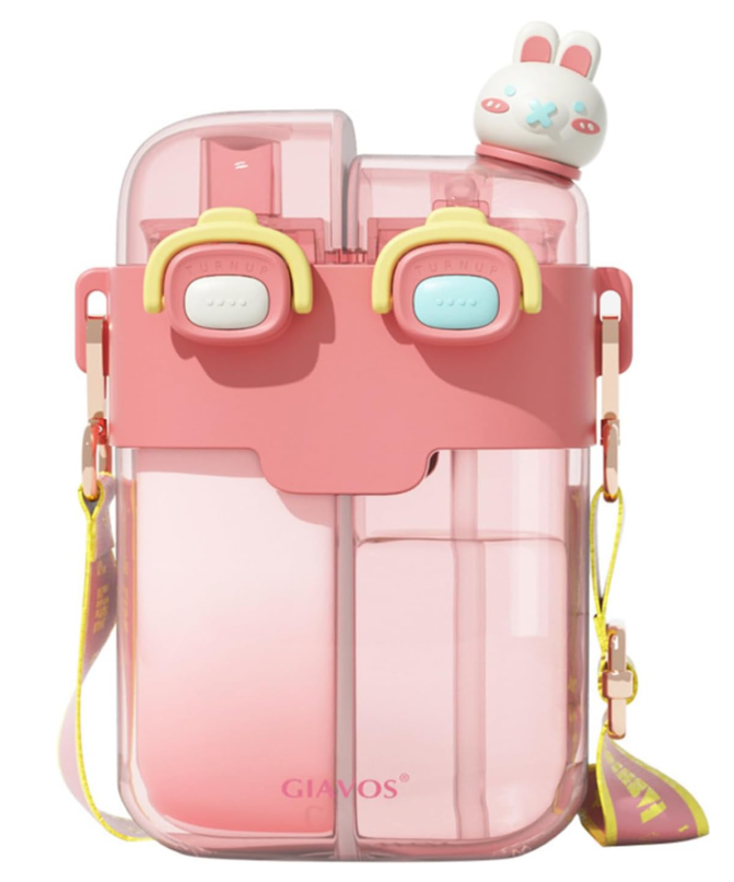 Kawaii Water Bottle – 780ml with Compartment | Durable Plastic + Straw