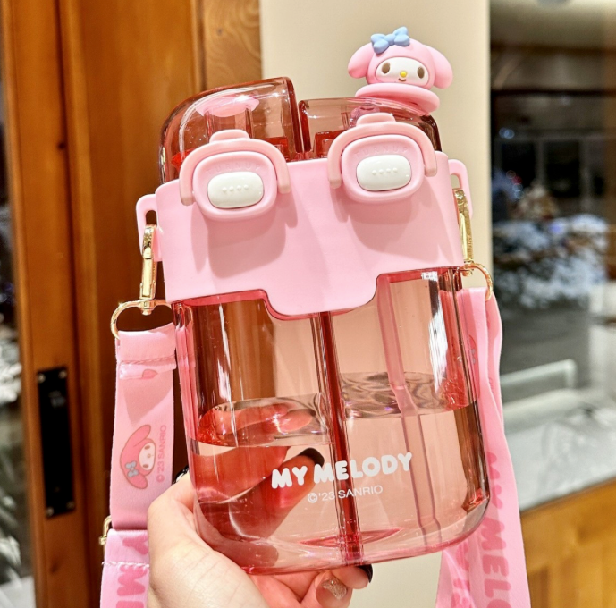 Kawaii My Melody Sanrio Water Bottle – 780ml with Compartment | Durable Plastic + Straw